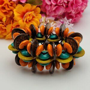 Wooden Stretch Bracelet Multicolor Carmen Miranda Style Chunky Disc Bead 6" Adj.